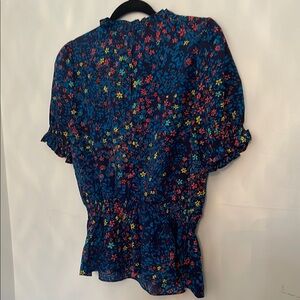 Baltic Born Blue and Red Puff Sleeve Ruffled Blouse